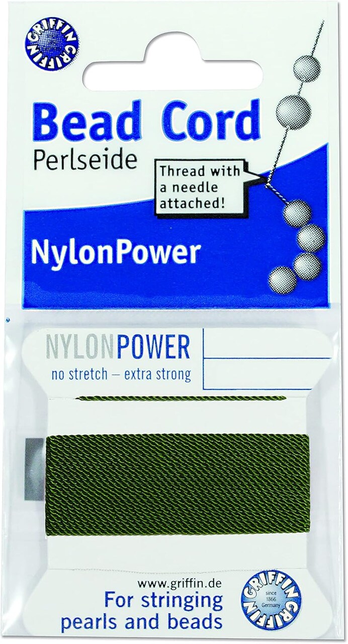 Griffin Nylon Bead Cord Perlseide – Size 0 (0.30mm) – 2 Meters per Card – Stainless Steel Needle Attached – for Knotting Pearls, Gemstones, Crystals and Beads